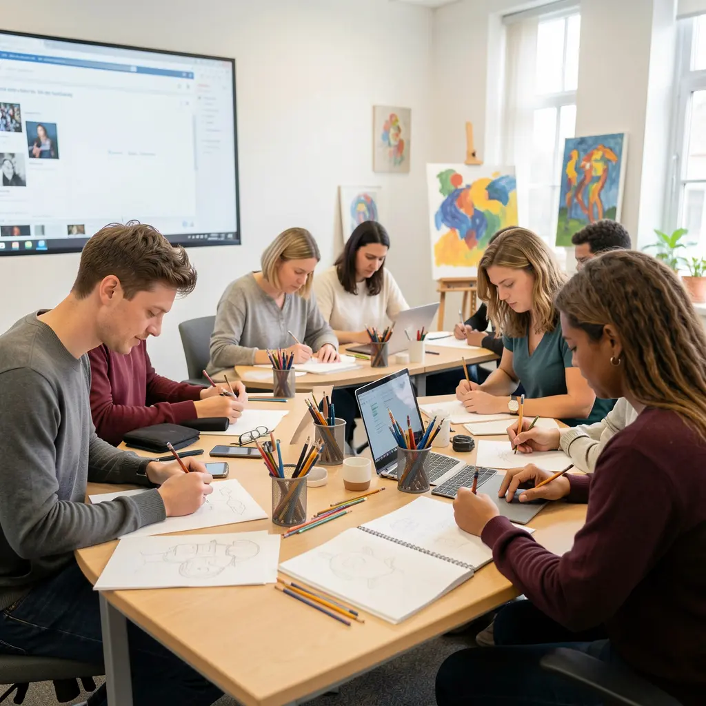 Students in online art class